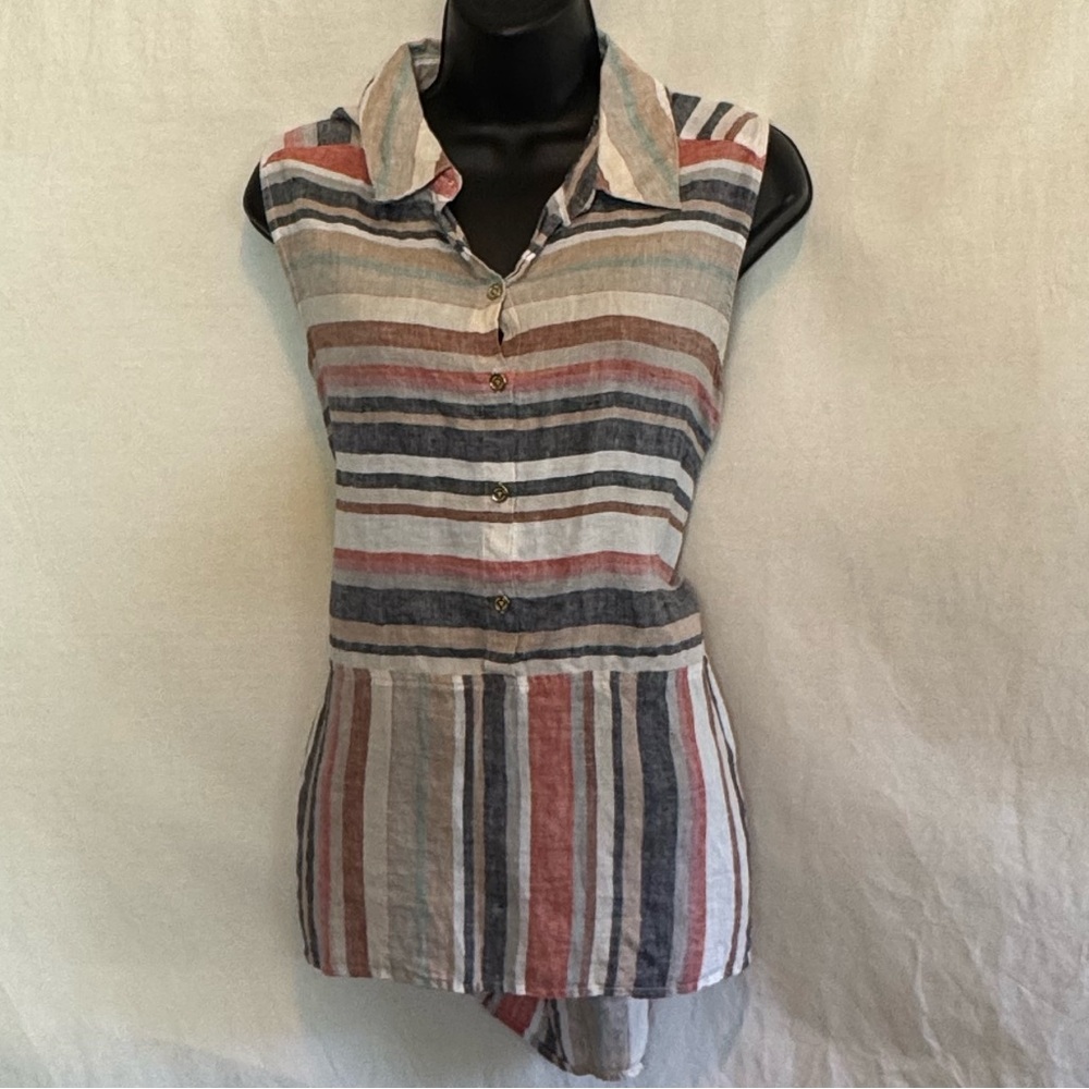C-53 Marc by Andrew Marc Colorful‎ Stripe Hi Lo Sleeveless Button Down Blouse